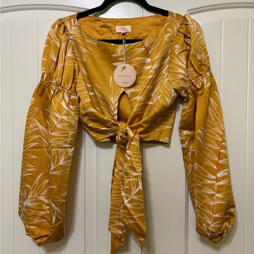 Camila Coelho Marcia Crop Top Gold Tropical Puff Sleeve Resort Glam Blouse, sz S - Picture 2 of 11